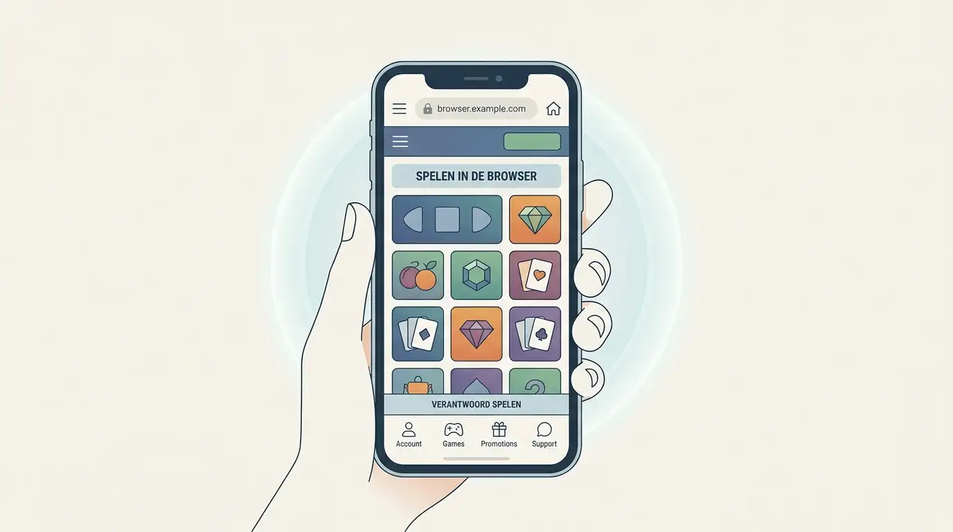 Generieke smartphone met browservenster en abstracte casinotegels zonder Gxmble-logo of nagebouwde gebruikersomgeving