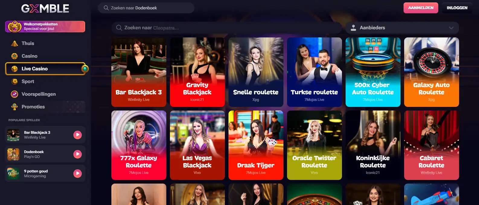 Actuele live-casino spelcatalogus van Gxmble met categorieën met live dealers