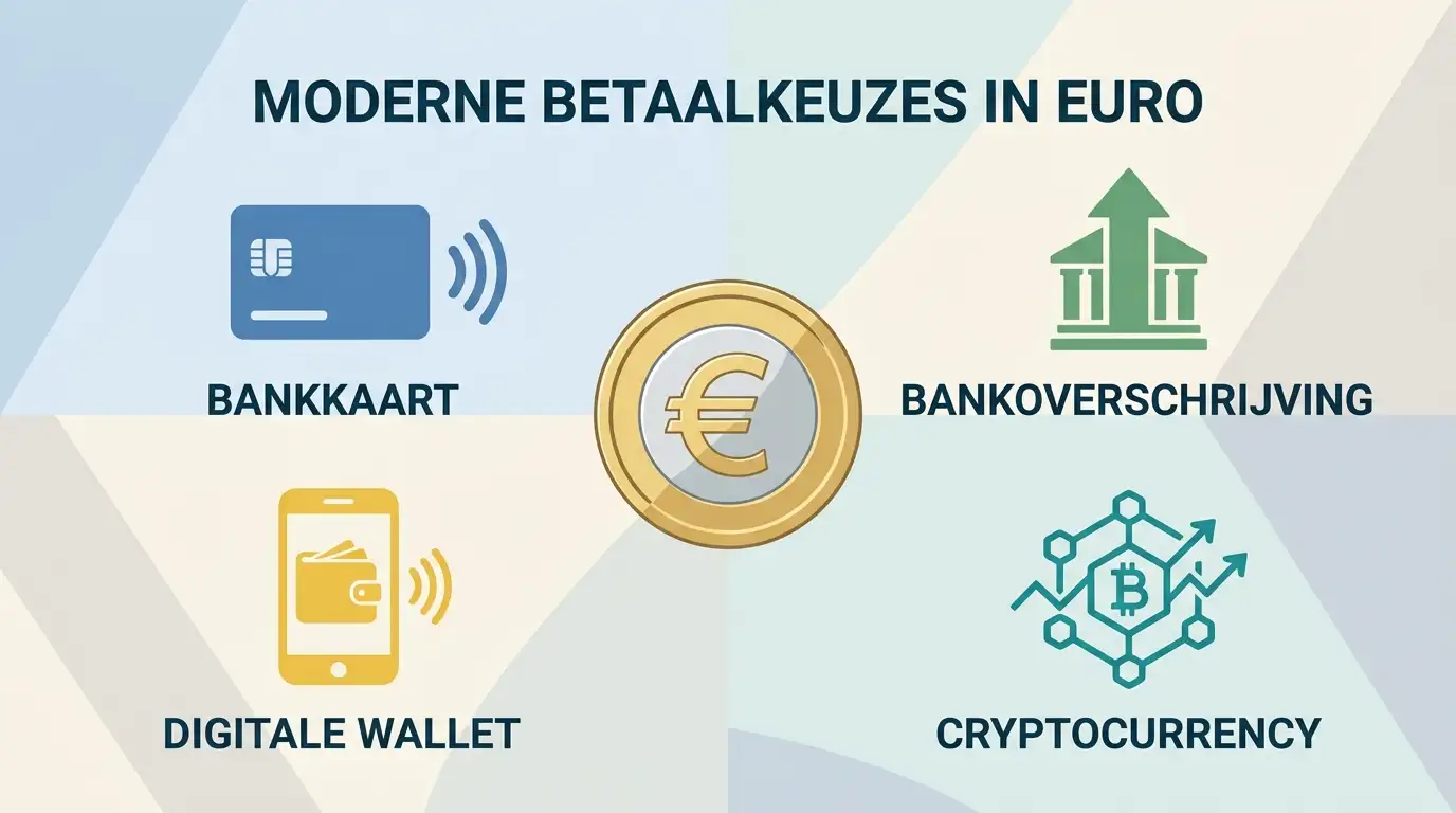 Neutrale illustratie van euro, bankkaart, digitale portemonnee en cryptovaluta als betaalcategorieën