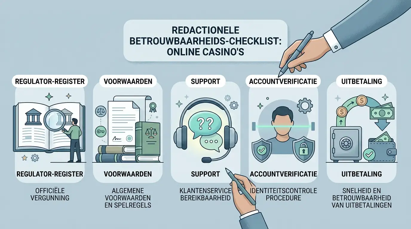 Neutrale checklist met register, voorwaarden, klantenservice, accountcontrole en uitbetaling als controlepunten