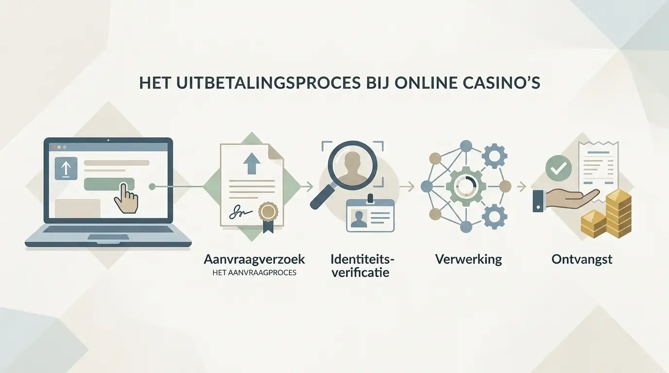 Schematische illustratie van een opnameproces met aanvraag, verificatie, verwerking en ontvangst zonder tijdsaanduidingen