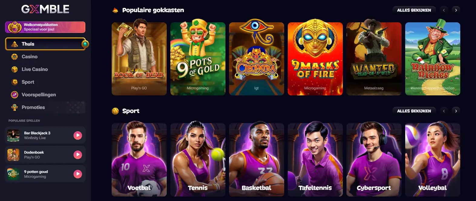 Actuele Gxmble spelcatalogus met categorieën en speltegels