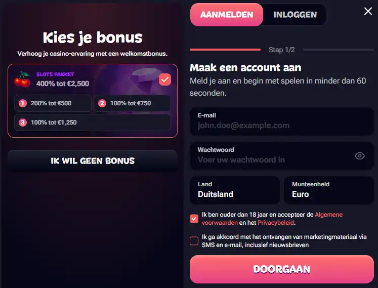 Werkelijke Gxmble registratiepagina vóór het invoeren van persoonsgegevens