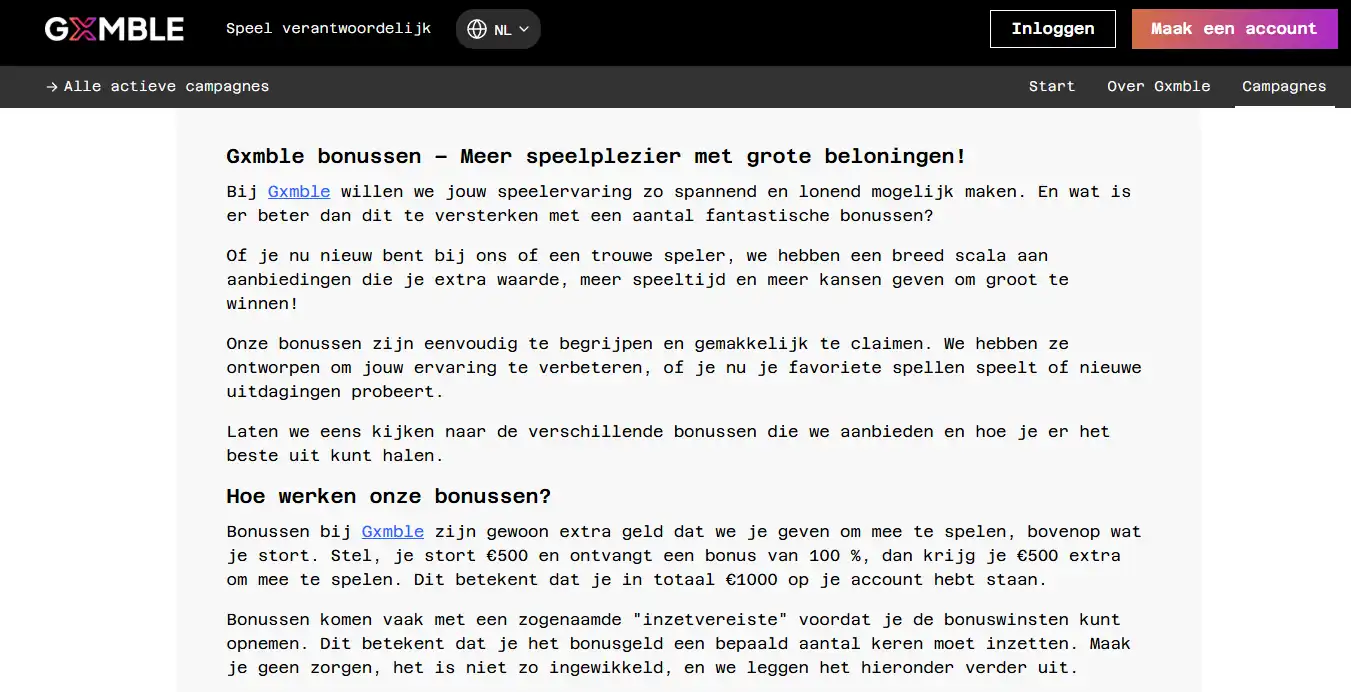 Actuele Nederlandse Gxmble bonuspagina met welkomstbonussen en wekelijkse promoties